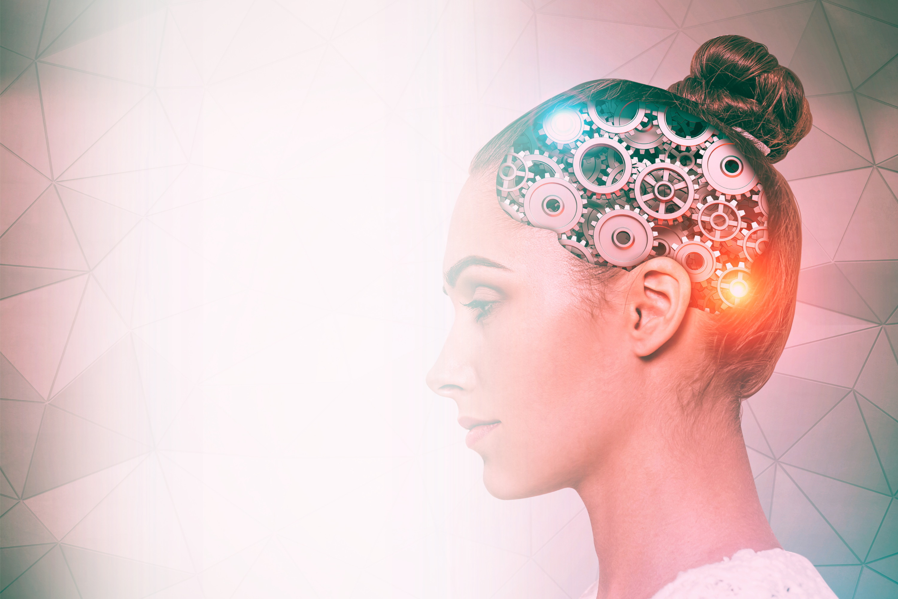 An image of a woman with a vibrant, healthy brain depicted as a transparent silhouette. Within her brain, intricate gears and mechanisms symbolize the optimal functioning of cognitive processes. This visual represents the concept of a well-maintained brain and is featured in a blog post about promoting brain health and cognitive vitality