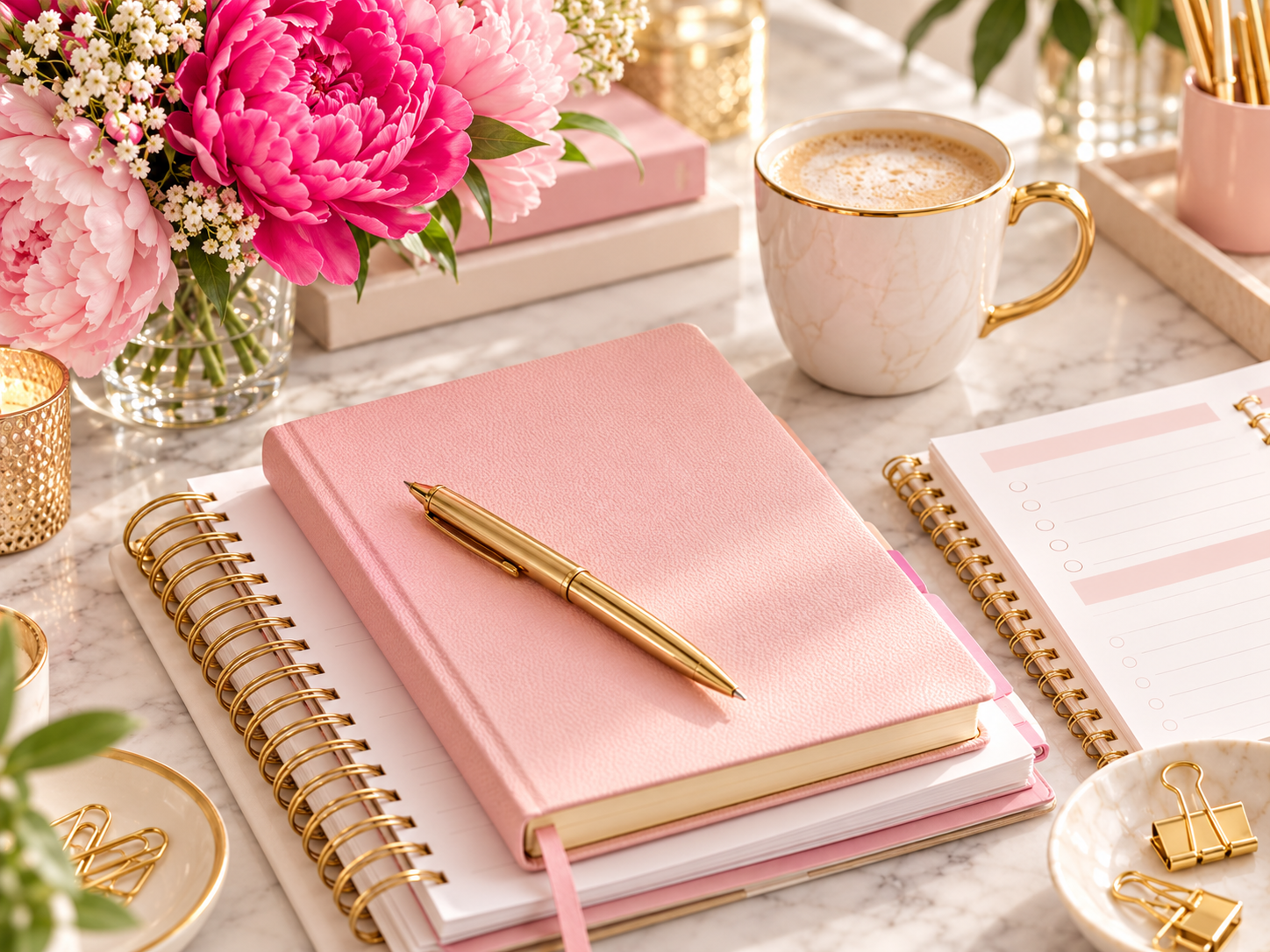 Clarity and Reflection | Nancy Brown Coaching Pink flowers, journal and coffee representing reflection and clarity in coaching.